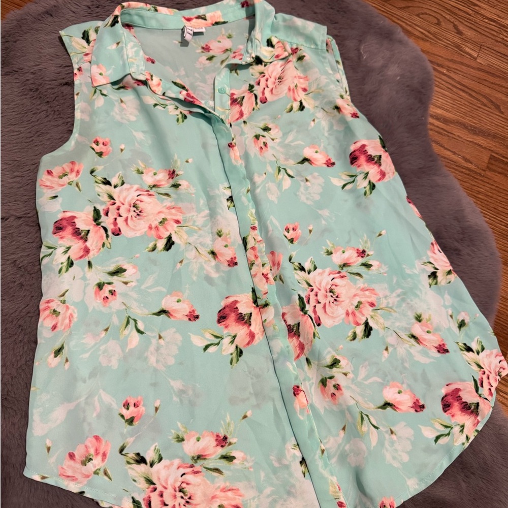 Elle Floral Sleeveless Blouse - Aqua and Rose